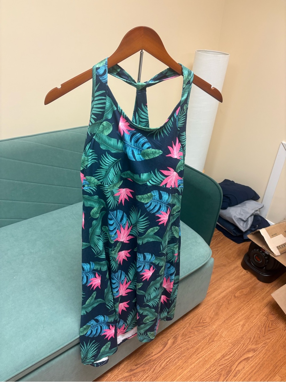 Kyodan Navy Tropical Floral Girls One-Piece Swim Dress with Pink & Green Accents